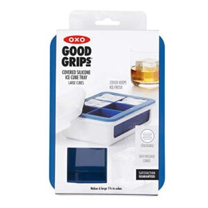 OXO Good Grips Silicone Stackable Ice Cube Tray with Lid - Large Cube,Dark Blue