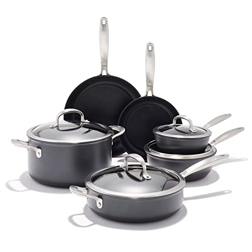 OXO Good Grips Pro 10 Piece Cookware Pots and Pans Set, 3-Layered German Engineered Nonstick Coating, Stainless Steel Handle, Dishwasher Safe, Oven Safe, Black