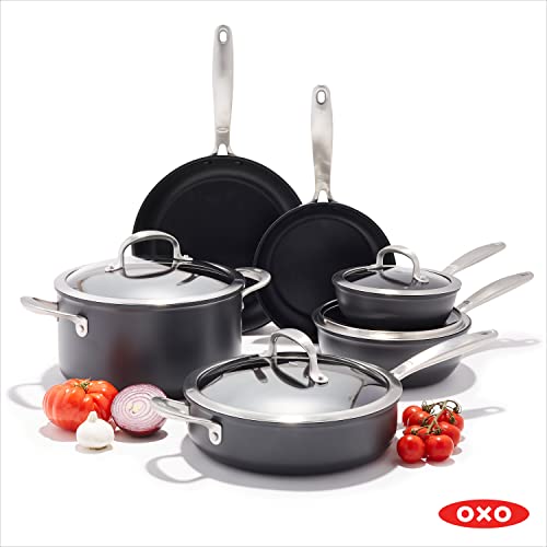 OXO Good Grips Pro 10 Piece Cookware Pots and Pans Set, 3-Layered German Engineered Nonstick Coating, Stainless Steel Handle, Dishwasher Safe, Oven Safe, Black