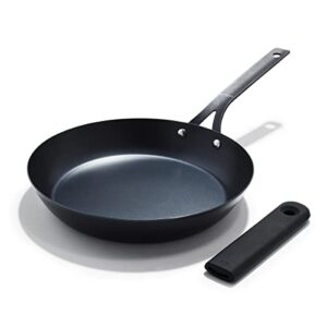 oxo obsidian pre-seasoned carbon steel, 12″ frying pan skillet with removable silicone handle holder, induction, oven safe, black