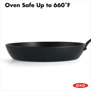 OXO Obsidian Pre-Seasoned Carbon Steel, 12" Frying Pan Skillet with Removable Silicone Handle Holder, Induction, Oven Safe, Black