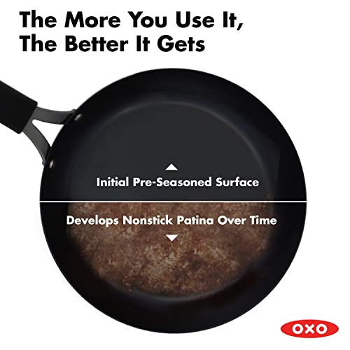 OXO Obsidian Pre-Seasoned Carbon Steel, 12" Frying Pan Skillet with Removable Silicone Handle Holder, Induction, Oven Safe, Black