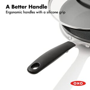 OXO Good Grips 8" Frying Pan Skillet with Lid, 3-Layered German Engineered Nonstick Coating, Stainless Steel Handle with Nonslip Silicone, Black