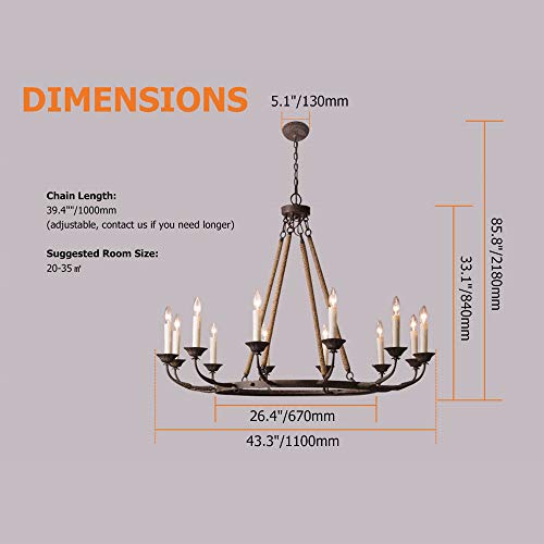 LOVEDIMA Vintage Flaxen Hemp Rope andMetal 12-Light Rustic Round Candelabra Chandelier in Rust