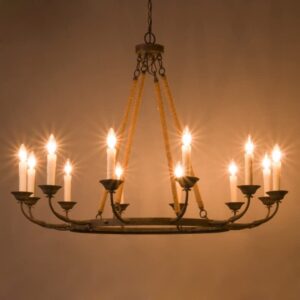 LOVEDIMA Vintage Flaxen Hemp Rope andMetal 12-Light Rustic Round Candelabra Chandelier in Rust