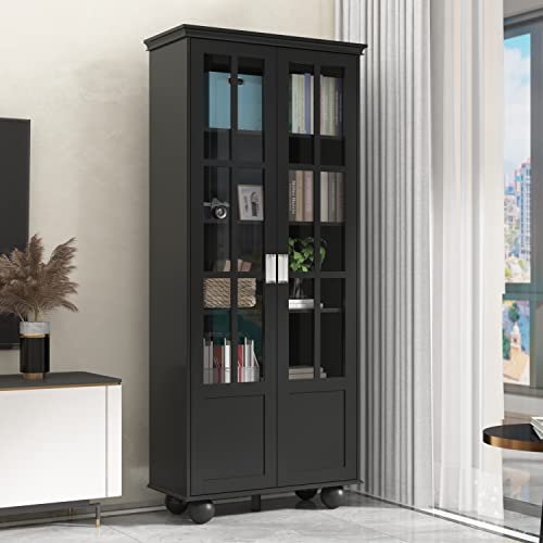 ECACAD 5-Tier Tall Bookcase Storage Cabinet with 2 Acrylic Doors & Shelves, Wooden Bookshelf Display Cabinet for Living Room, Office, Black (31.5”L x 14”W x 72.3”H)