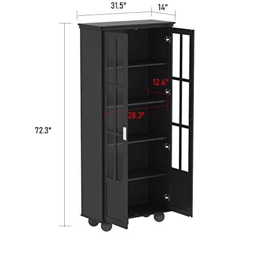 ECACAD 5-Tier Tall Bookcase Storage Cabinet with 2 Acrylic Doors & Shelves, Wooden Bookshelf Display Cabinet for Living Room, Office, Black (31.5”L x 14”W x 72.3”H)