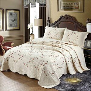 Quilt Set Classical 3D Floral Embroidery Pattern 3-Piece Cotton Reversible Quilted Embroidered Decorative Bedspreads Coverlet Bedding Set, Lightweight &Soft,Beige,King Size