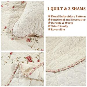 Quilt Set Classical 3D Floral Embroidery Pattern 3-Piece Cotton Reversible Quilted Embroidered Decorative Bedspreads Coverlet Bedding Set, Lightweight &Soft,Beige,King Size