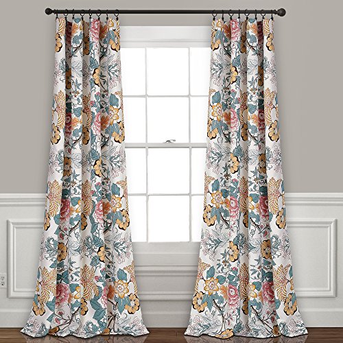 Lush Decor Sydney Curtains | Floral Garden Room Darkening Window Panel Set for Living, Dining, Bedroom (Pair), 84” x 52”, Blue and Yellow, L, Blue & Yellow