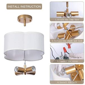 VILUXY Semi-Flush Mount Ceiling Light Fixture Cream White Fabric Drum Shade Antique Brass Brush Paint Finish for Bedroom, Dining Room, Corridor, Living Room 13.77" 4-Light