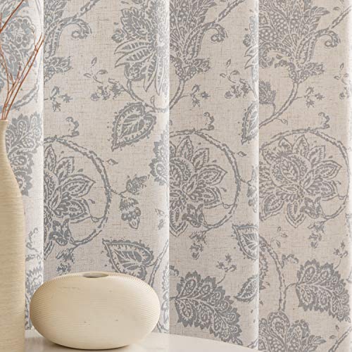 jinchan Floral Scroll Linen Curtains 84 inches Long Grey Window Curtains for Bedroom Grommet Light Filtering Farmhouse Drapes for Living Room Vintage Printed Window Treatments Set 2 Panels