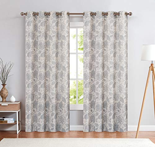 jinchan Floral Scroll Linen Curtains 84 inches Long Grey Window Curtains for Bedroom Grommet Light Filtering Farmhouse Drapes for Living Room Vintage Printed Window Treatments Set 2 Panels