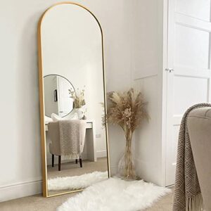 neutype arched full length mirror standing hanging or leaning against wall, oversized large bedroom mirror floor mirror dressing mirror, aluminum alloy thin frame, gold, 65″x22″