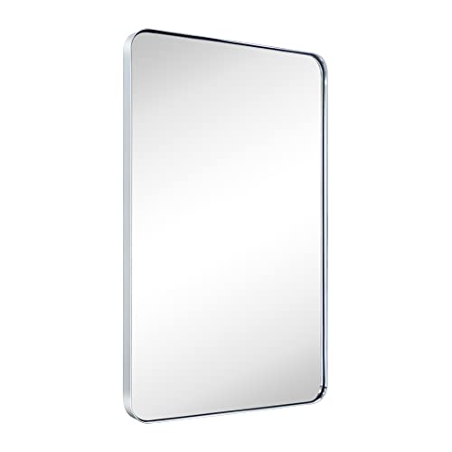 GRACTO 20x30 inch Chrome Stainless Steel Metal Framed Bathroom Mirror Wall Mounted Rounded Rectangular Bathroom Vanity Mirror