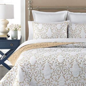 mixinni quilt king size reversible 3-piece beige embroidery pattern elegant quilt set with embroidered decorative shams soft bedspread&coverlet set-king