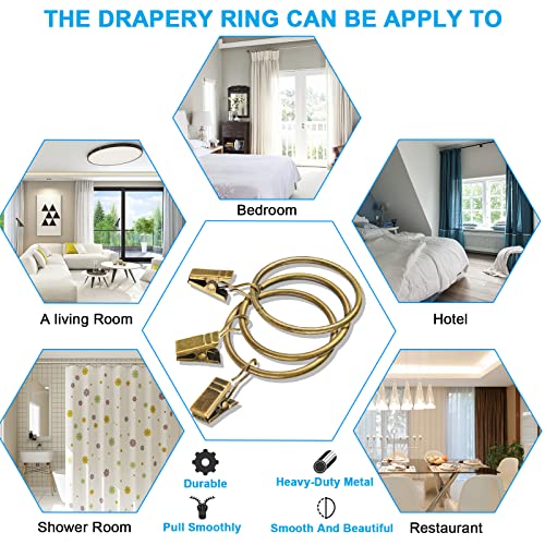 Curtain Rings - 2.0-Inch Inner Diameter Antique Brass Curtain Clip Rings for Curtain Panels, This Curtain Clip Rings Also Apply for Drapery Rod (Set of 14 PCS Antique Brass Curtain Rings)