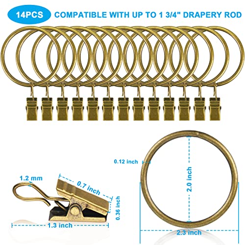 Curtain Rings - 2.0-Inch Inner Diameter Antique Brass Curtain Clip Rings for Curtain Panels, This Curtain Clip Rings Also Apply for Drapery Rod (Set of 14 PCS Antique Brass Curtain Rings)