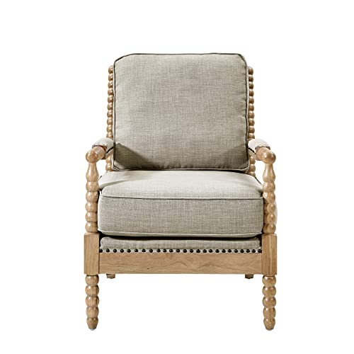 Madison Park Donohue Mid-Century Modern Accent Chairs for Living Room with Nailhead Trim, Solid Wood, Oakwood Finish, Upholstered Seat, Lounge for Reading Bedroom Furniture, Light Grey