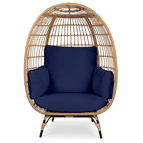 Best Choice Products Wicker Egg Chair, Oversized Indoor Outdoor Lounger for Patio, Backyard, Living Room w/ 4 Cushions, Steel Frame, 440lb Capacity - Navy