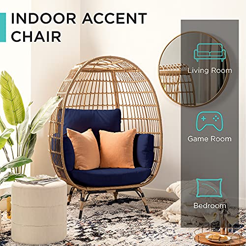 Best Choice Products Wicker Egg Chair, Oversized Indoor Outdoor Lounger for Patio, Backyard, Living Room w/ 4 Cushions, Steel Frame, 440lb Capacity - Navy