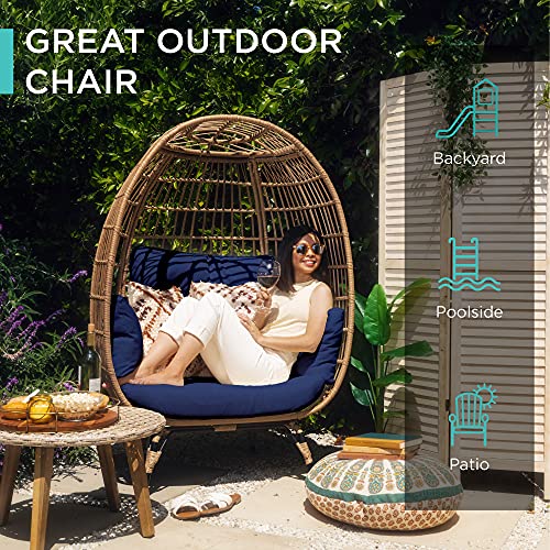 Best Choice Products Wicker Egg Chair, Oversized Indoor Outdoor Lounger for Patio, Backyard, Living Room w/ 4 Cushions, Steel Frame, 440lb Capacity - Navy