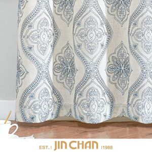 jinchan Linen Textured Curtains for Living Room Embroidered Design Window Curtains Light Filtering Flax Linen Look Window Treatment Set for Bedroom Grommet Top 2 Panels 96 Inch Length Blue