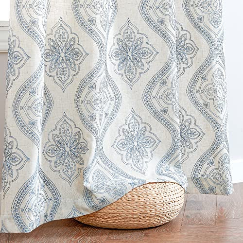 jinchan Linen Textured Curtains for Living Room Embroidered Design Window Curtains Light Filtering Flax Linen Look Window Treatment Set for Bedroom Grommet Top 2 Panels 96 Inch Length Blue