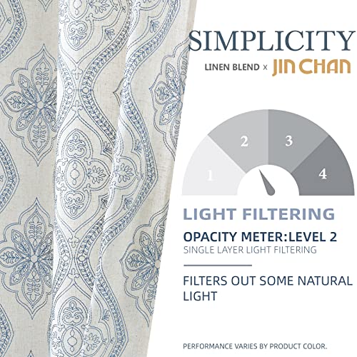 jinchan Linen Textured Curtains for Living Room Embroidered Design Window Curtains Light Filtering Flax Linen Look Window Treatment Set for Bedroom Grommet Top 2 Panels 96 Inch Length Blue