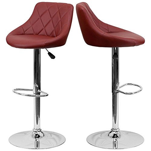 Contemporary Bar Stool Bucket Seat Design Hydraulic Adjustable Height 360-Degree Swivel Seat Sturdy Steel Frame Chrome Base Dining Chair Bar Pub Stool Home Office Furniture - Set of 2 Burgundy #1984