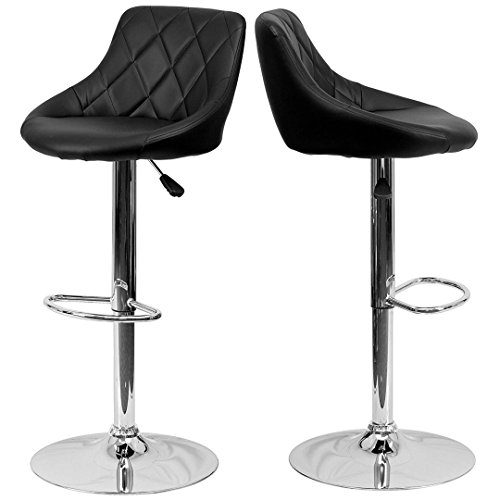 Contemporary Bar Stool Bucket Seat Design Hydraulic Adjustable Height 360-Degree Swivel Seat Sturdy Steel Frame Chrome Base Dining Chair Bar Pub Stool Home Office Furniture - Set of 2 Black #1984