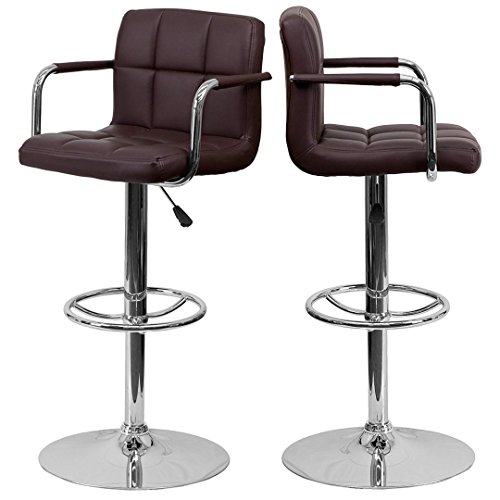 KLS14 Contemporary Design Hydraulic Adjustable Barstools 360-Degree Swivel Seat Sturdy Steel Frame Padded Cushion Seat Dining Chair Bar Pub Stool Home Office Furniture - Set of 2 Brown #1977