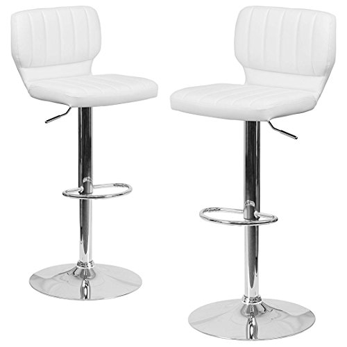 KLS Modern Barstools Adjustable Hydraulic 360 Degree Swivel Stable Steel Frame Padded Vinyl Cushion Low Back Seat Design Dining Chair Pub Stool - Set of 2 White # 1969