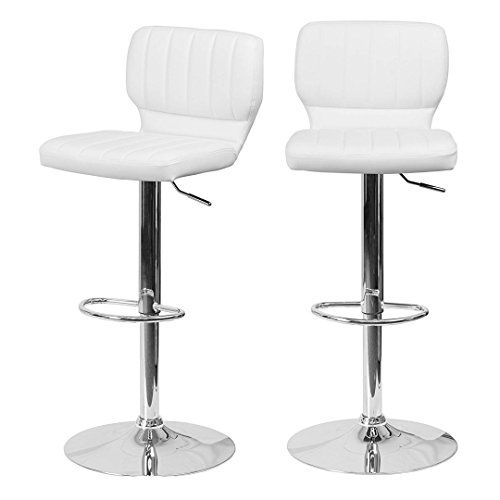 KLS Modern Barstools Adjustable Hydraulic 360 Degree Swivel Stable Steel Frame Padded Vinyl Cushion Low Back Seat Design Dining Chair Pub Stool - Set of 2 White # 1969