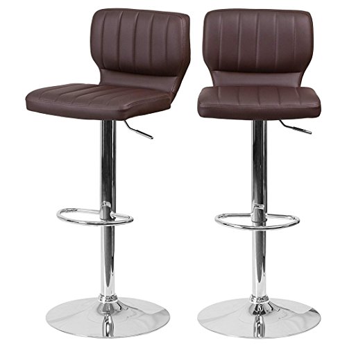 KLS Modern Barstools Adjustable Hydraulic 360 Degree Swivel Stable Steel Frame Padded Vinyl Cushion Low Back Seat Design Dining Chair Pub Stool - Set of 2 Brown # 1969