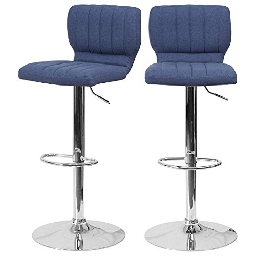 KLS Modern Barstools Adjustable Hydraulic 360 Degree Swivel Stable Steel Frame Fabric Padded Cushion Low Back Seat Design Dining Chair Pub Stool - Set of 2 Blue # 1969