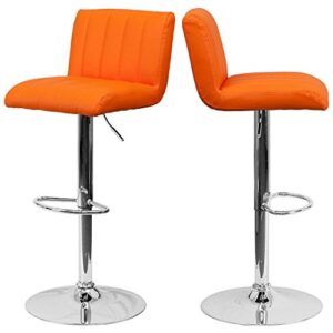 Contemporary Bar Stool Vertical Line Design Hydraulic Adjustable Height 360-Degree Swivel Seat Sturdy Steel Frame Chrome Base Dining Chair Bar Pub Stool Home Office Furniture - Set of 2 Orange #1983