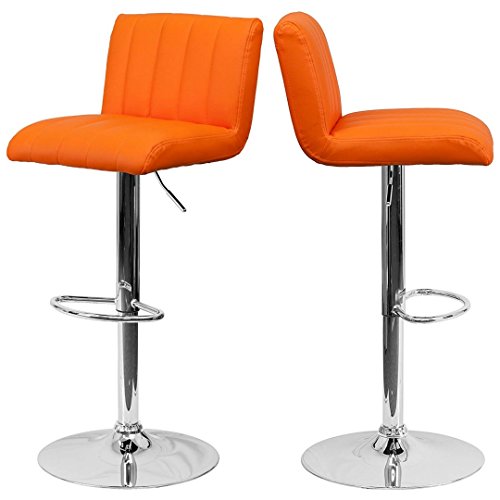 Contemporary Bar Stool Vertical Line Design Hydraulic Adjustable Height 360-Degree Swivel Seat Sturdy Steel Frame Chrome Base Dining Chair Bar Pub Stool Home Office Furniture - Set of 2 Orange #1983