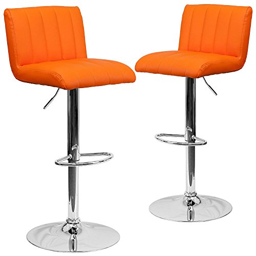 Contemporary Bar Stool Vertical Line Design Hydraulic Adjustable Height 360-Degree Swivel Seat Sturdy Steel Frame Chrome Base Dining Chair Bar Pub Stool Home Office Furniture - Set of 2 Orange #1983