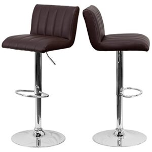 Contemporary Bar Stool Vertical Line Design Hydraulic Adjustable Height 360-Degree Swivel Seat Sturdy Steel Frame Chrome Base Dining Chair Bar Pub Stool Home Office Furniture - Set of 2 Brown #1983