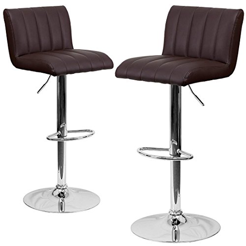 Contemporary Bar Stool Vertical Line Design Hydraulic Adjustable Height 360-Degree Swivel Seat Sturdy Steel Frame Chrome Base Dining Chair Bar Pub Stool Home Office Furniture - Set of 2 Brown #1983