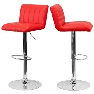 contemporary bar stool vertical line design hydraulic adjustable height 360-degree swivel seat sturdy steel frame chrome base dining chair bar pub stool home office furniture – set of 2 red #1983