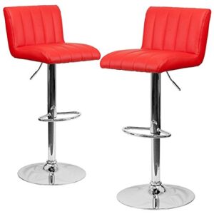 Contemporary Bar Stool Vertical Line Design Hydraulic Adjustable Height 360-Degree Swivel Seat Sturdy Steel Frame Chrome Base Dining Chair Bar Pub Stool Home Office Furniture - Set of 2 Red #1983