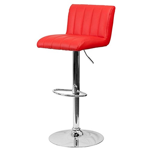Contemporary Bar Stool Vertical Line Design Hydraulic Adjustable Height 360-Degree Swivel Seat Sturdy Steel Frame Chrome Base Dining Chair Bar Pub Stool Home Office Furniture - Set of 2 Red #1983