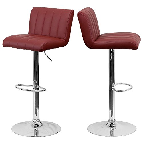 Contemporary Bar Stool Vertical Line Design Hydraulic Adjustable Height 360-Degree Swivel Seat Sturdy Steel Frame Chrome Base Dining Chair Bar Pub Stool Home Office Furniture - Set of 2 Burgundy #1983