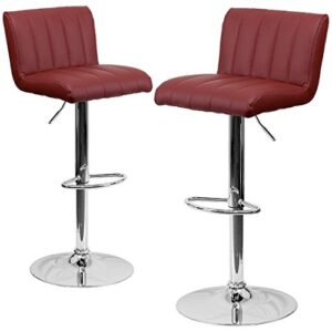 Contemporary Bar Stool Vertical Line Design Hydraulic Adjustable Height 360-Degree Swivel Seat Sturdy Steel Frame Chrome Base Dining Chair Bar Pub Stool Home Office Furniture - Set of 2 Burgundy #1983