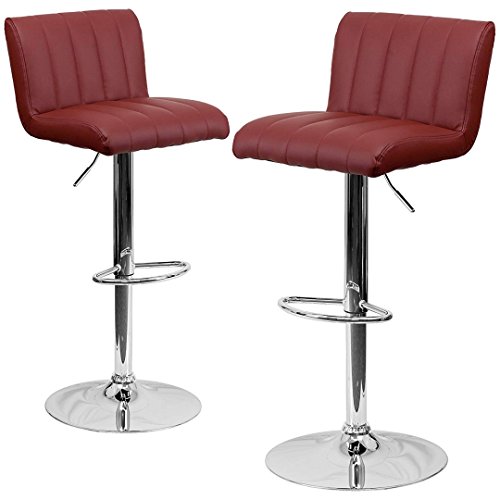 Contemporary Bar Stool Vertical Line Design Hydraulic Adjustable Height 360-Degree Swivel Seat Sturdy Steel Frame Chrome Base Dining Chair Bar Pub Stool Home Office Furniture - Set of 2 Burgundy #1983