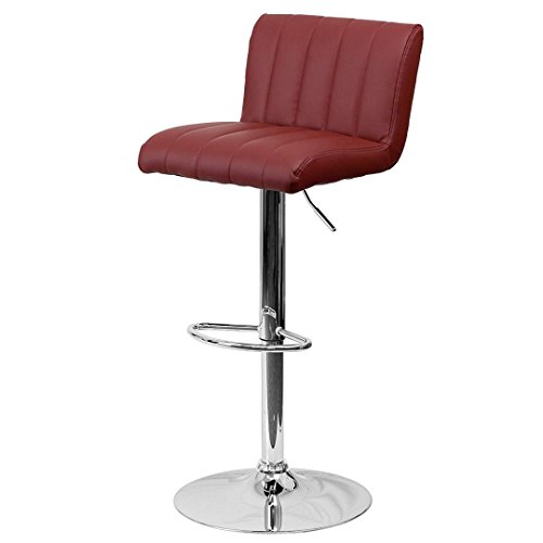 Contemporary Bar Stool Vertical Line Design Hydraulic Adjustable Height 360-Degree Swivel Seat Sturdy Steel Frame Chrome Base Dining Chair Bar Pub Stool Home Office Furniture - Set of 2 Burgundy #1983