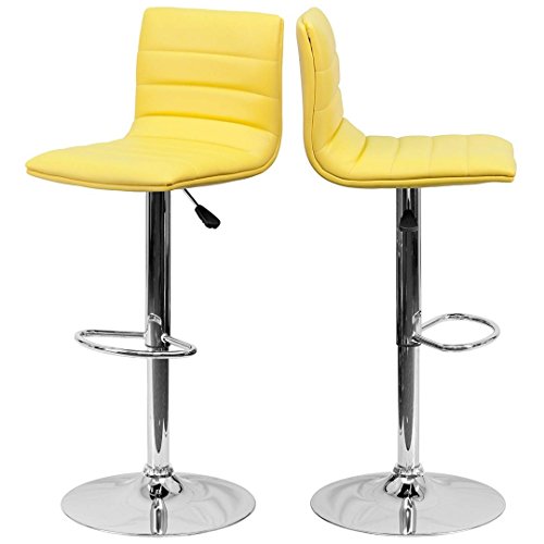 Modern Barstools Horizontal Line Design Hydraulic Adjustable Height 360-Degree Swivel Seat Sturdy Steel Frame Chrome Base Dining Chair Bar Pub Stool Home Office Furniture - Set of 2 Yellow #1980