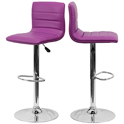 Modern Barstools Horizontal Line Design Hydraulic Adjustable Height 360-Degree Swivel Seat Sturdy Steel Frame Chrome Base Dining Chair Bar Pub Stool Home Office Furniture - Set of 2 Purple #1980